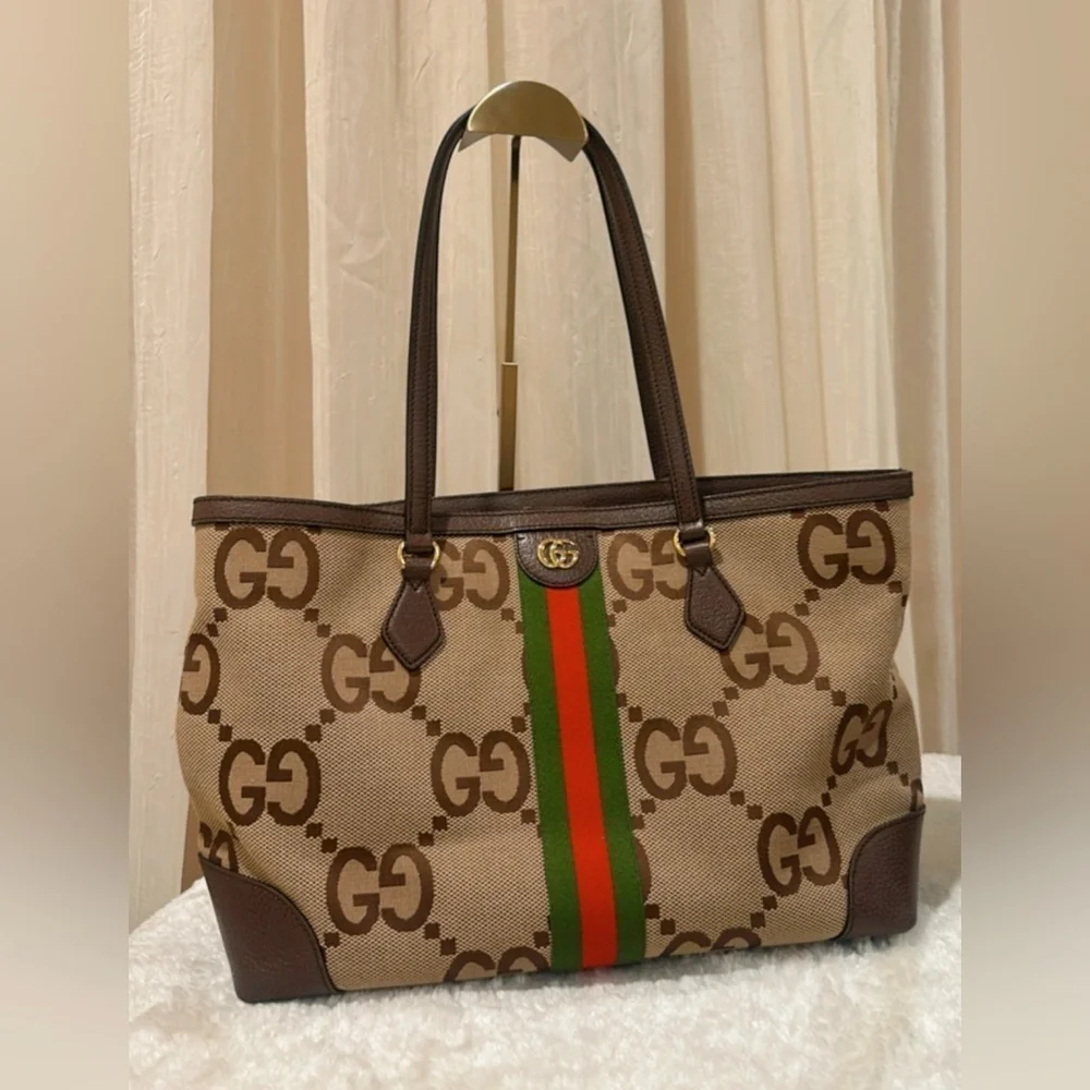 Authentic Gucci Monogram Jumbo GG Textured Calfskin Ophidia Tote Camel Ebony✨ - Picture 4 of 17